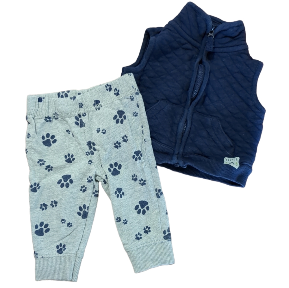 CARTER'S Grey and Navy Paw Print Vest and Pants Outfit